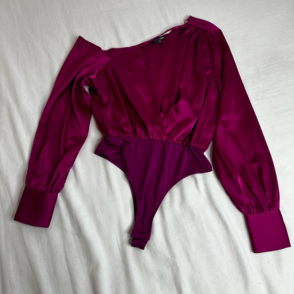 Fashion Nova Fuchsia Satin Bodysuit blouse